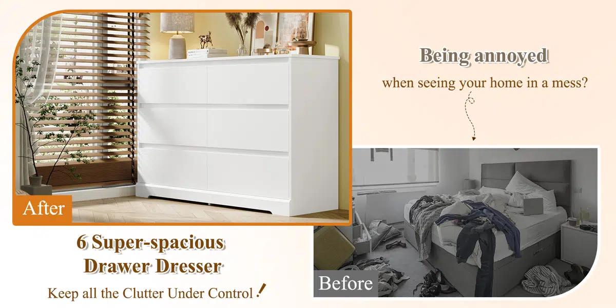 FOTOSOK White Dresser, 6 Drawer Double Dresser, Modern Dresser for Closet, Nursery Dresser for Baby, 47.2'' Wood Storage Side Cabinet Chest of Drawer for Bedroom Living Room