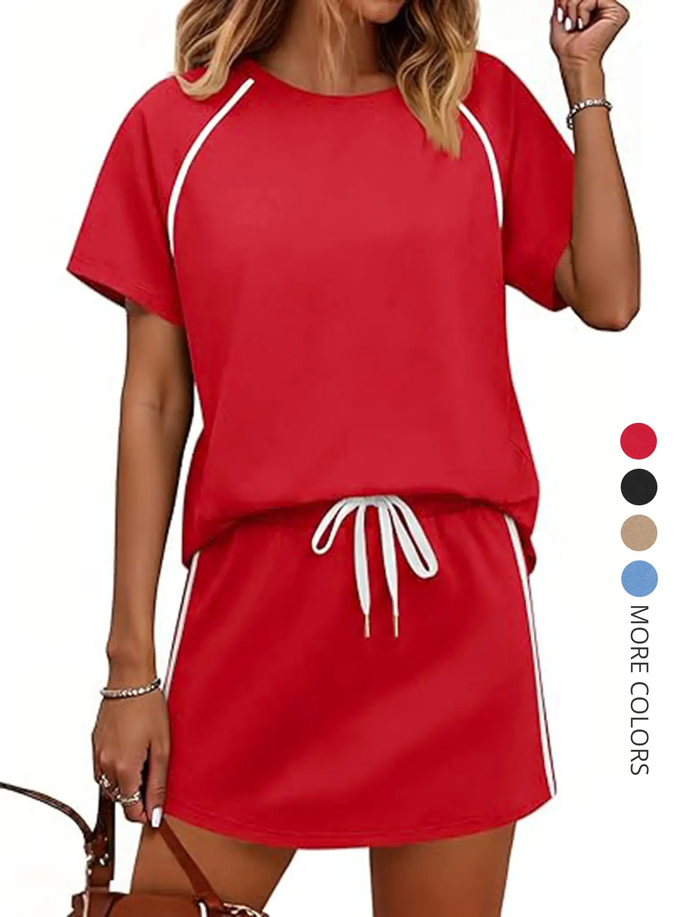 Women's Casual Lounge Set, Loose-Fitting Home Wear, Plain Pattern Short Sleeve Top & Drawstring Skirt, Comfortable & Stylish Loungewear for All Seasons