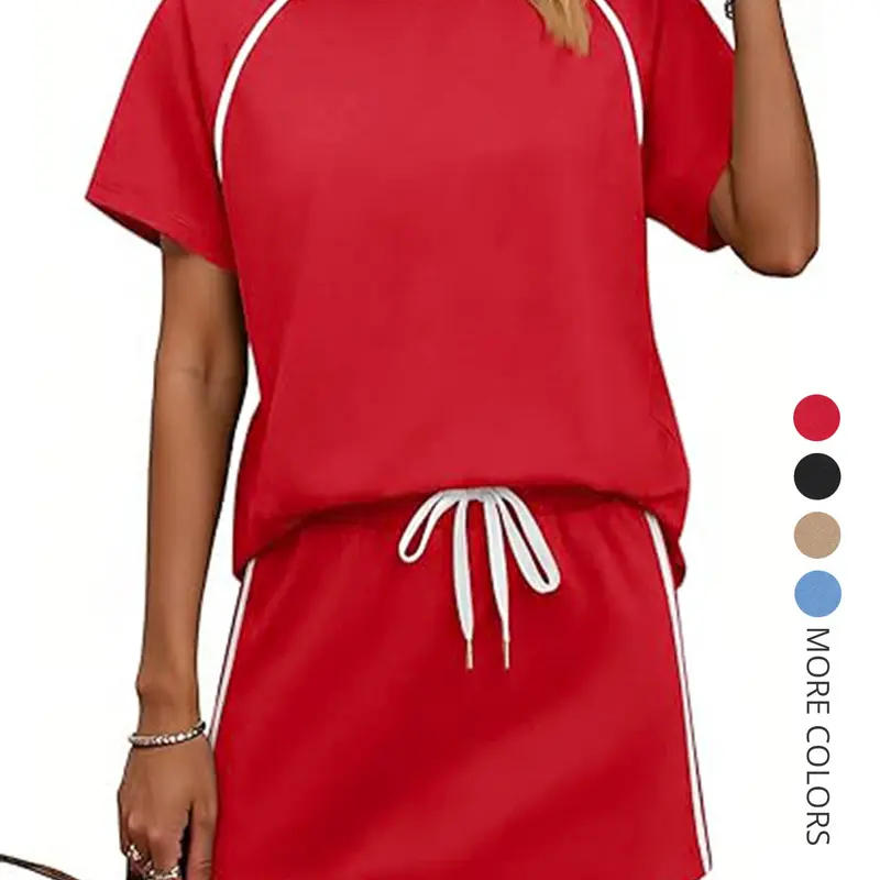 Women's Casual Everyday Lounge Set, Loose-Fitting Home Wear, Plain Pattern Short Sleeve Top & Drawstring Skirt, Comfortable & Stylish for All Seasons