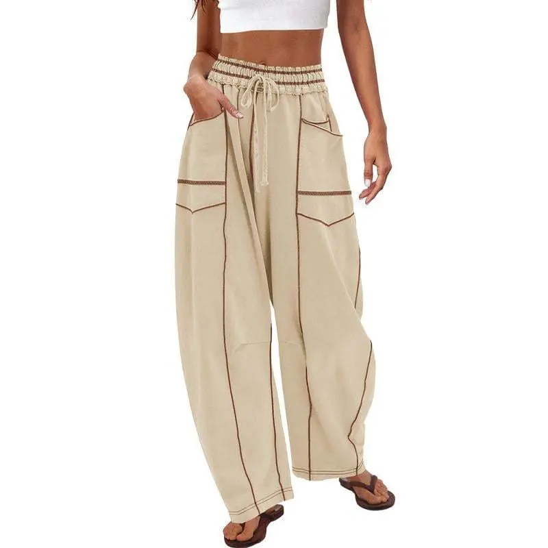 Women’s High Waist Baggy Sweatpants - Wide Leg Cargo Comfy Pants with Contrast Seams, Large Pockets, Drawstring, Loose Utility Design for Casual Wear, Lounge, Travel