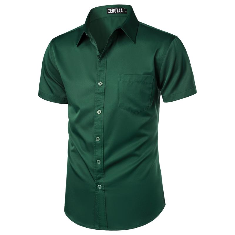 ZEROYAA Men's Casual Urban Stylish Slim Fit Short Sleeve Button Up Dress Shirt with Pocket Fabric Top Summer Outfits Men Plain Menswear Beige Tropical Vneck