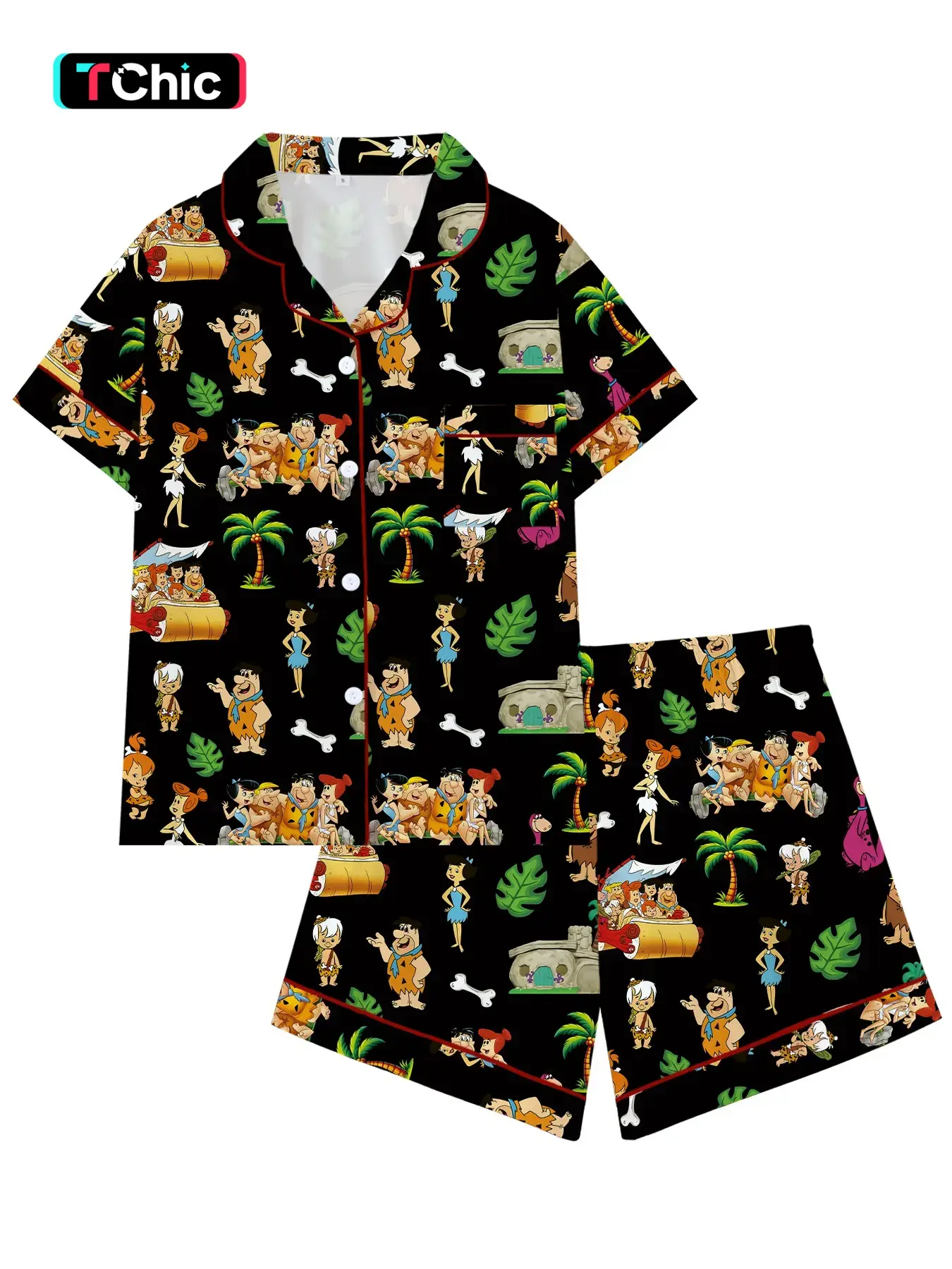 Vintage 80s Cartoon Healing Style Pajama Set, Cute Collared Short Sleeve Sleepwear, Comfortable for Sleeping, Vacation, and Outdoor Wear