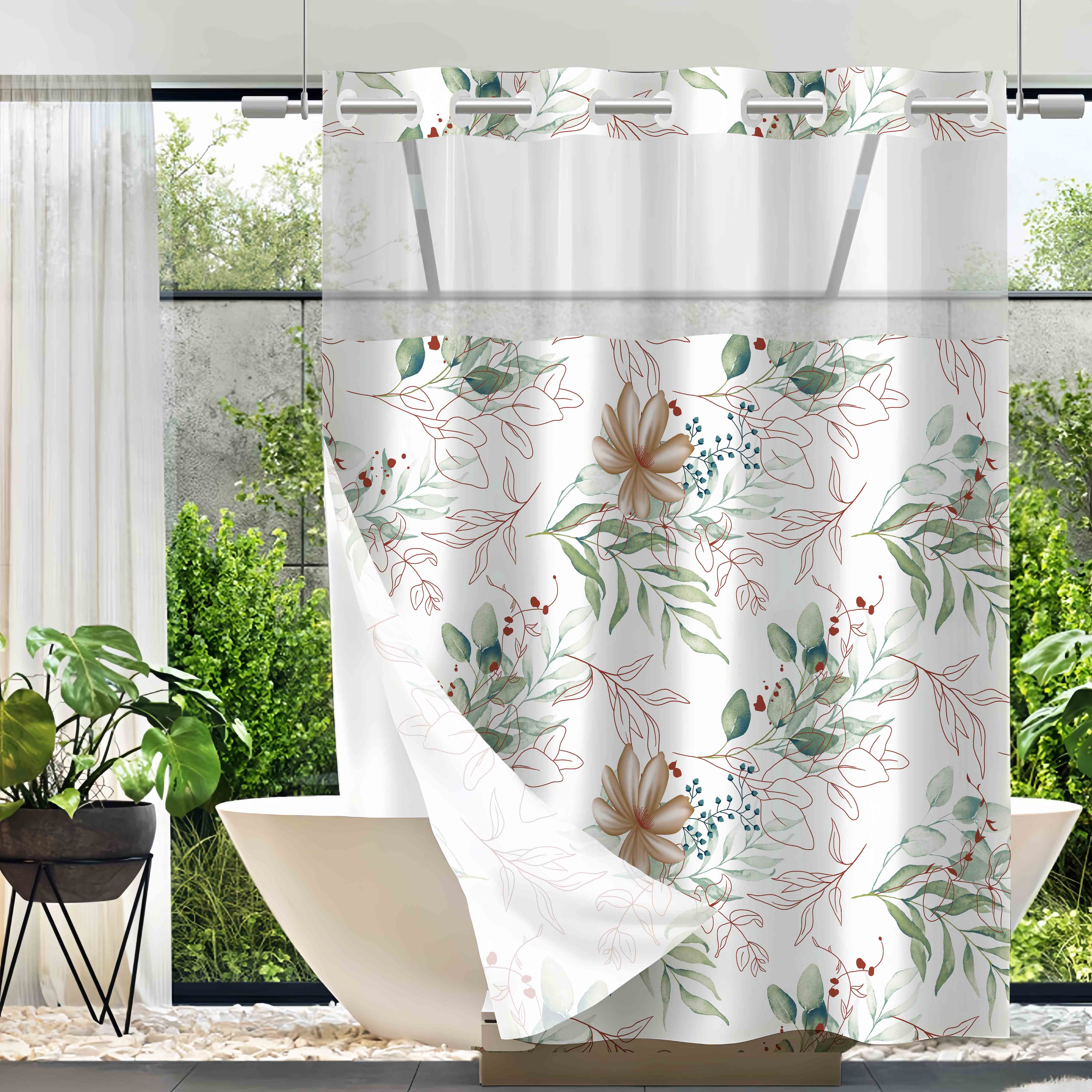 Double Layer Shower Curtain, Eucalyptus Leaf Theme, Waterproof, No Hooks, Easy Installation, Rustic Style, Hotel, Dorm, Home Decor, Decorative Shower Curtain, Bathroom Shower Curtains