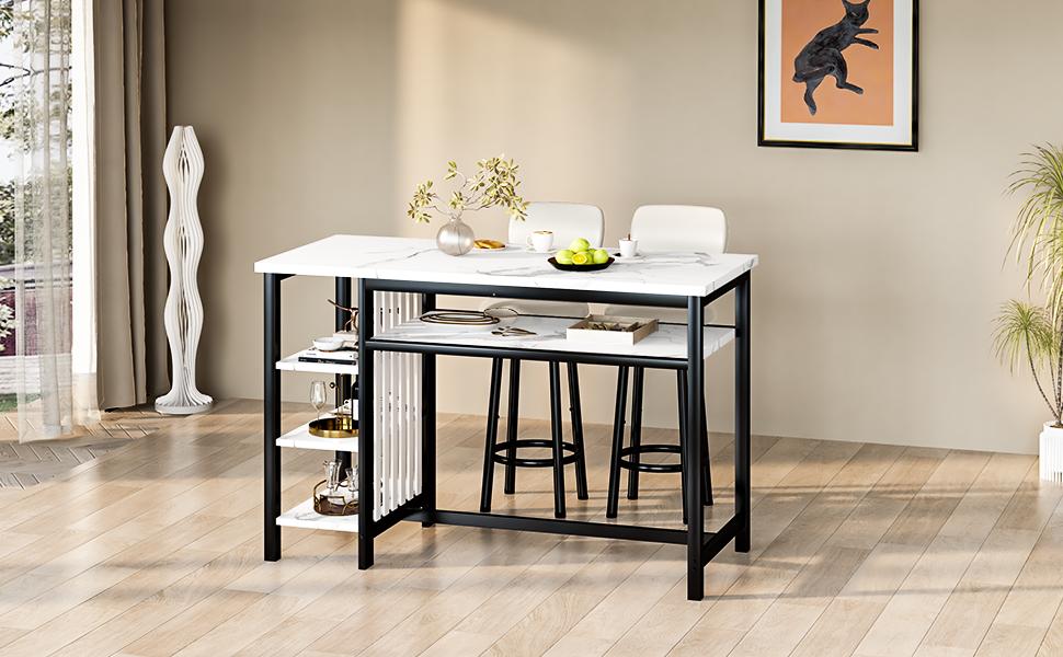 AWQM Set of 3 pub table and chairs, Modern White Faux Marble Table with 2 PU Cushion Bar Stools, Kitchen Counter with 3 Tier Storage Shelves, Space Saving Table for Home & Kitchen, Black Frame, Gold Frame AWQM Set of 3 pub table and chairs, Modern White Faux Marble Table with 2 PU Cushion Bar Stools, Kitchen Counter with 3 Tier Storage Shelves, Space Saving Table for Home & Kitchen, Black Frame, Gold Frame