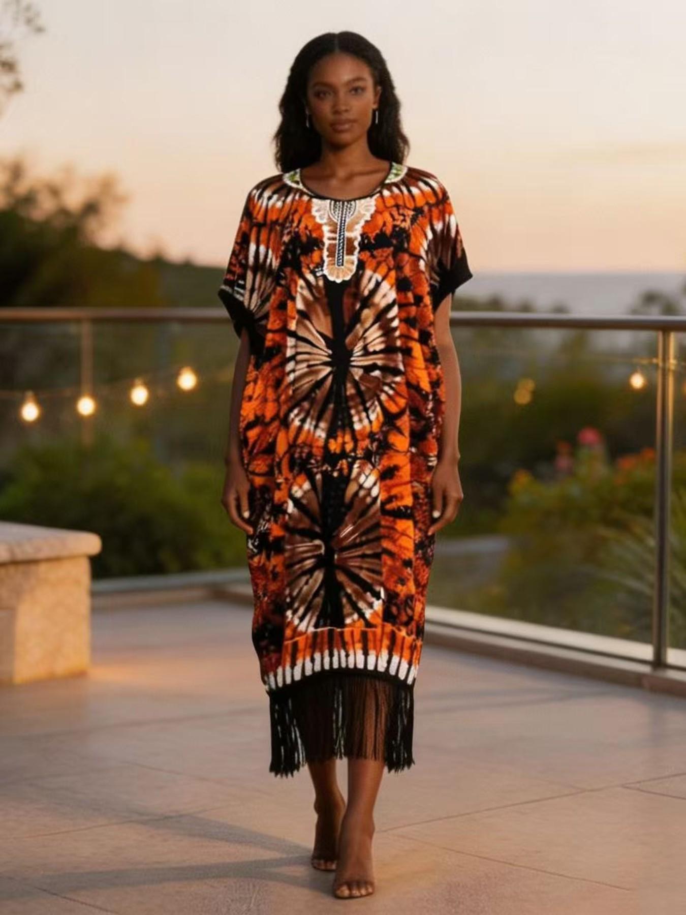 Women's Tie Dye Midi Boubou Dress, Loose Fit Bohemian Style, Breathable Summer Beachwear, Casual Daily Wear, New Fashion Design