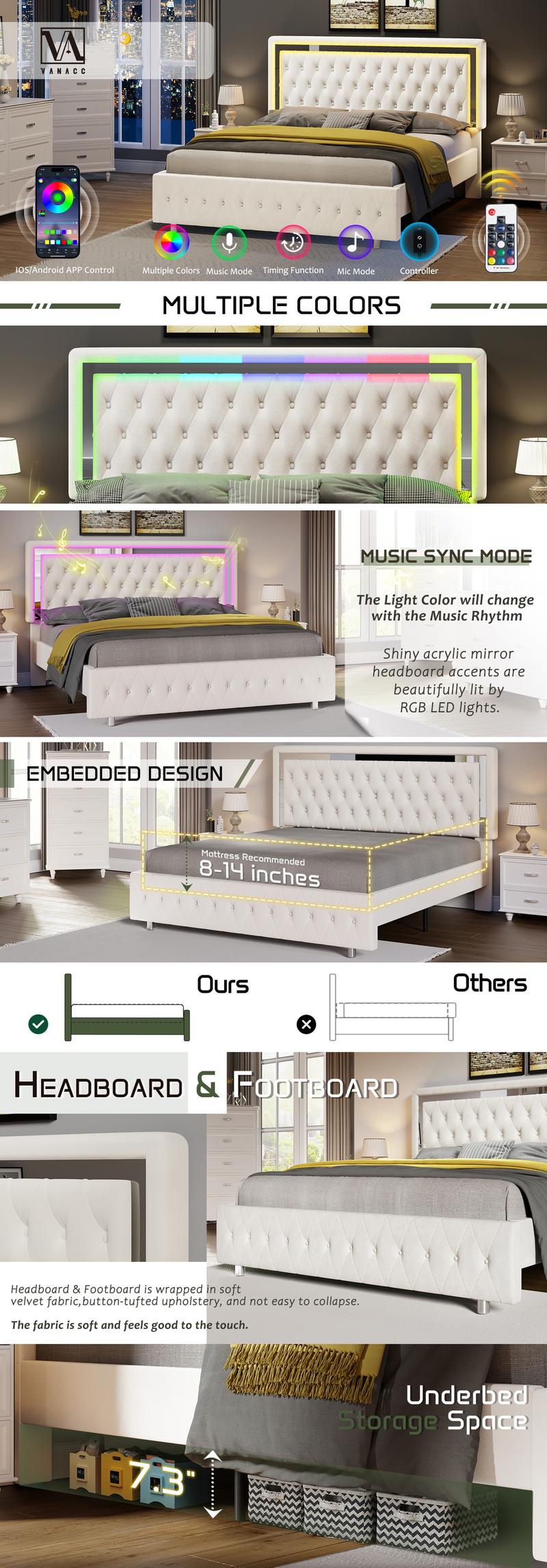 VanAcc LED Bed Frame with Led Lights Adjustable Headboard Velvet Button Tufted/Acrylic Mirror Accents, No Box Spring Needed/Christmas Gift