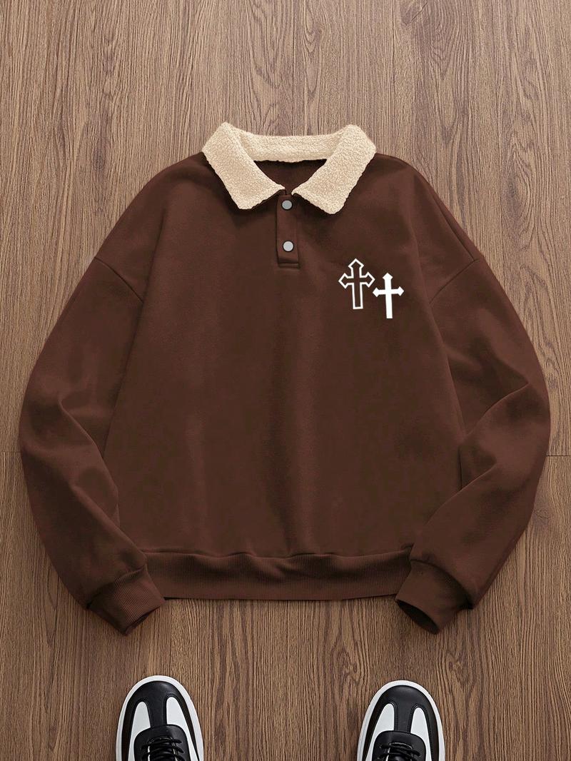 Trendy Retro Lamb Wool Collar Sweatshirt, Cross Print Polo Shirt, Comfortable Casual Wear for All Seasons, Fitted Design