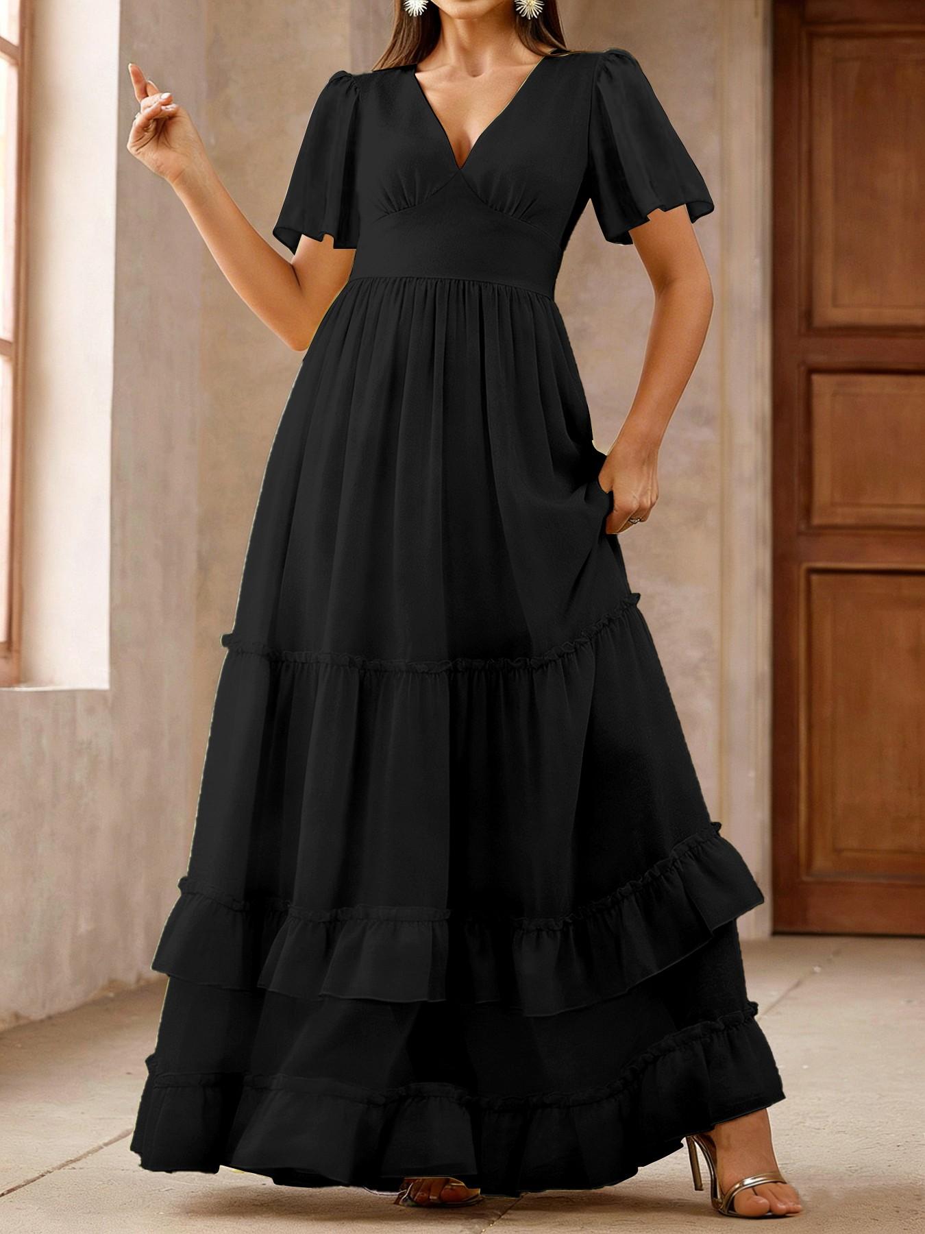 Spring Summer Dress, Cake Skirt V Neck Ruffle Long Dress, French Gentle Style, Beach Vacation, Wedding Bridesmaid Dress