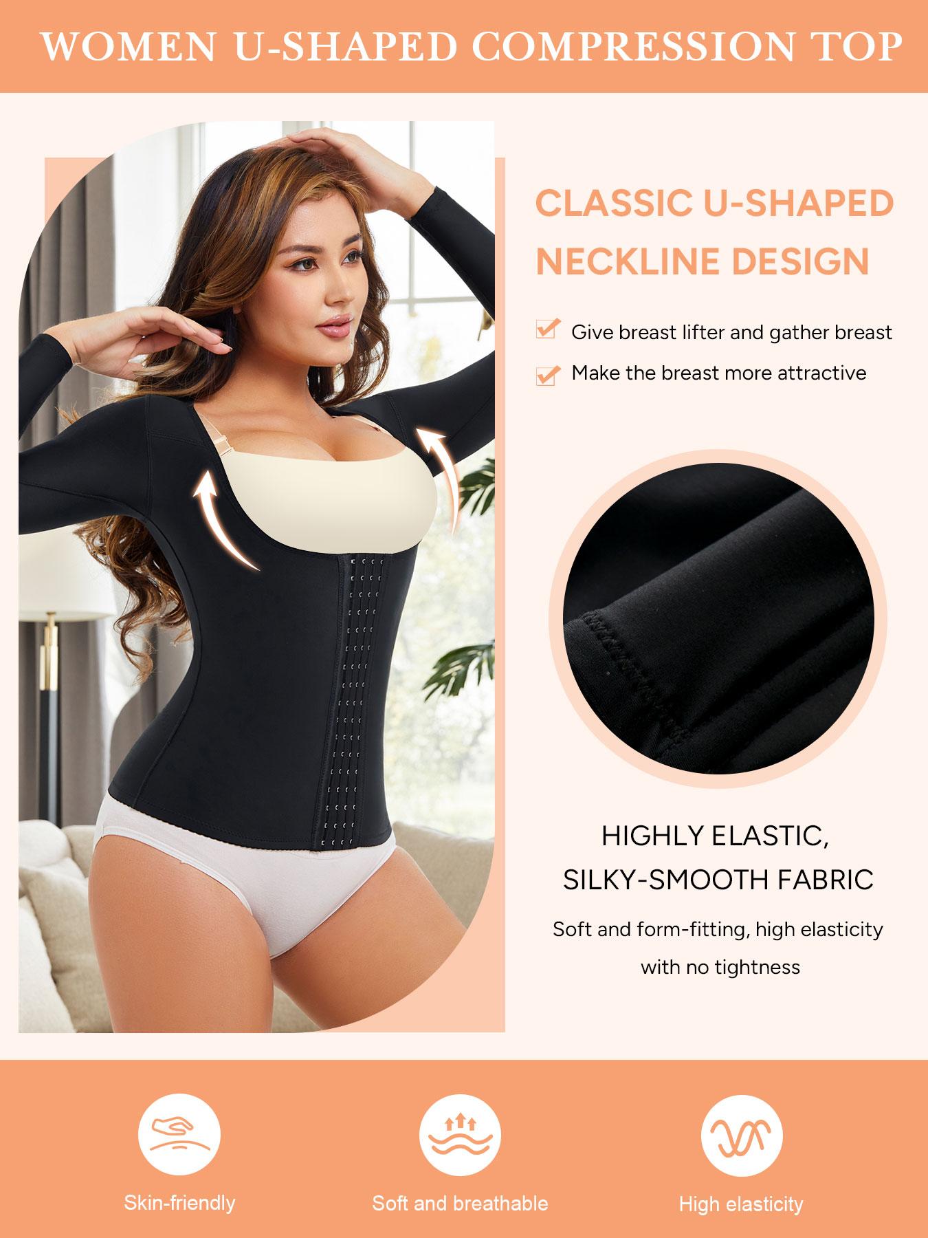 Women's Long Sleeve Post-Surgery Bra Top, Soft Breathable Back Crossed Dual Layer Support, Button Front Abdominal Shapewear