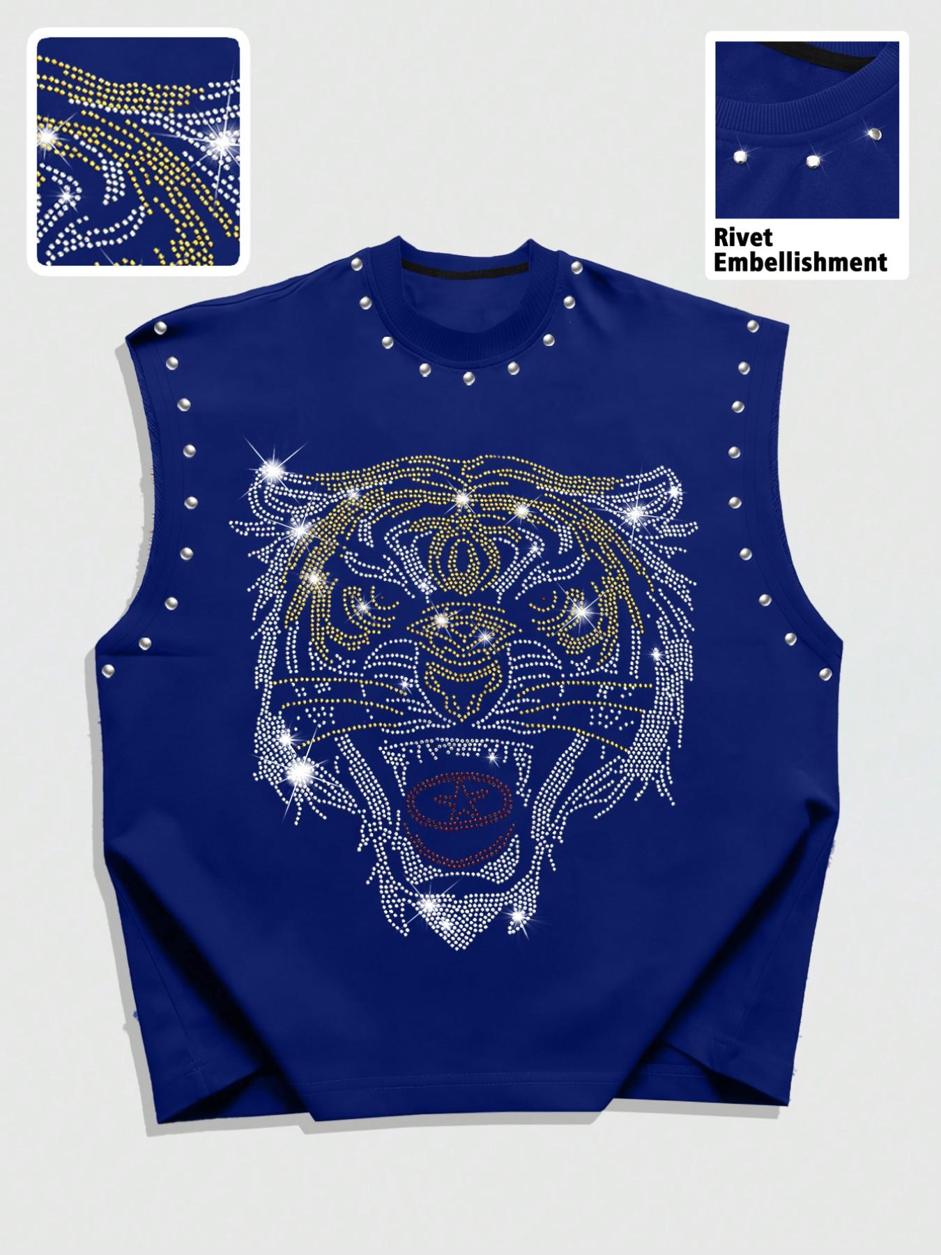 Summer Unisex Rivet Vest, Tiger Head Rhinestone Graphic Design, Loose Fit, Perfect for Streetwear, Music Festivals, Live House, Layering