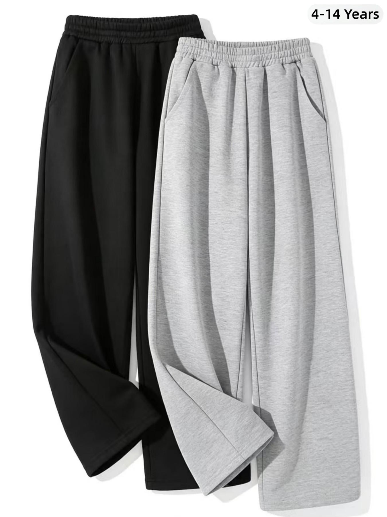 2 Pcs Set Boys' Spring New Casual Elastic Waist Long Pants, Wide Leg Sweatpants, Loose Fit Straight Leg Sports Pants for All Seasons，Boy Fashion Simple Pants Set, Solid Color Soft Elastic Waist Straight Leg Pants, Daily Comfortable Casual Pants