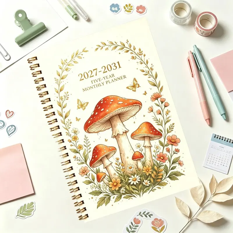 2027-2031 monthly calendar, A5 size, high-quality paper, gradient inner pages, watercolor red mushrooms and wildflower cottage style design, monthly planner, suitable for daily life and schedule planning, 5-year spiral-bound notebook