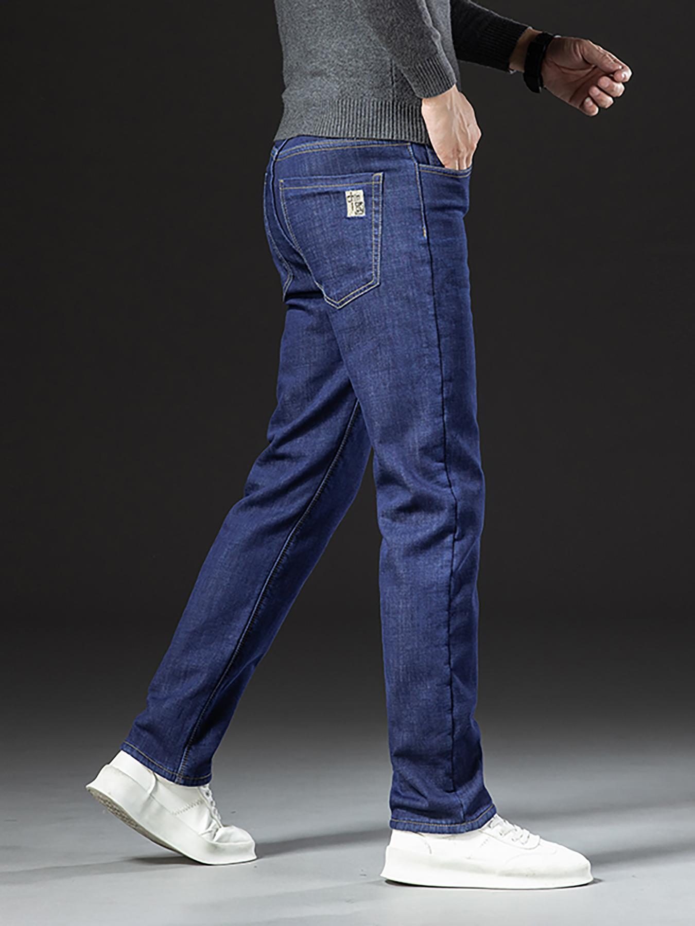 Men's Fleece-Lined Plain Denim Jeans, Winter Casual Friday Loose Straight-Leg Warm Pants, Thickened Thermal Comfortable Men's Clothing