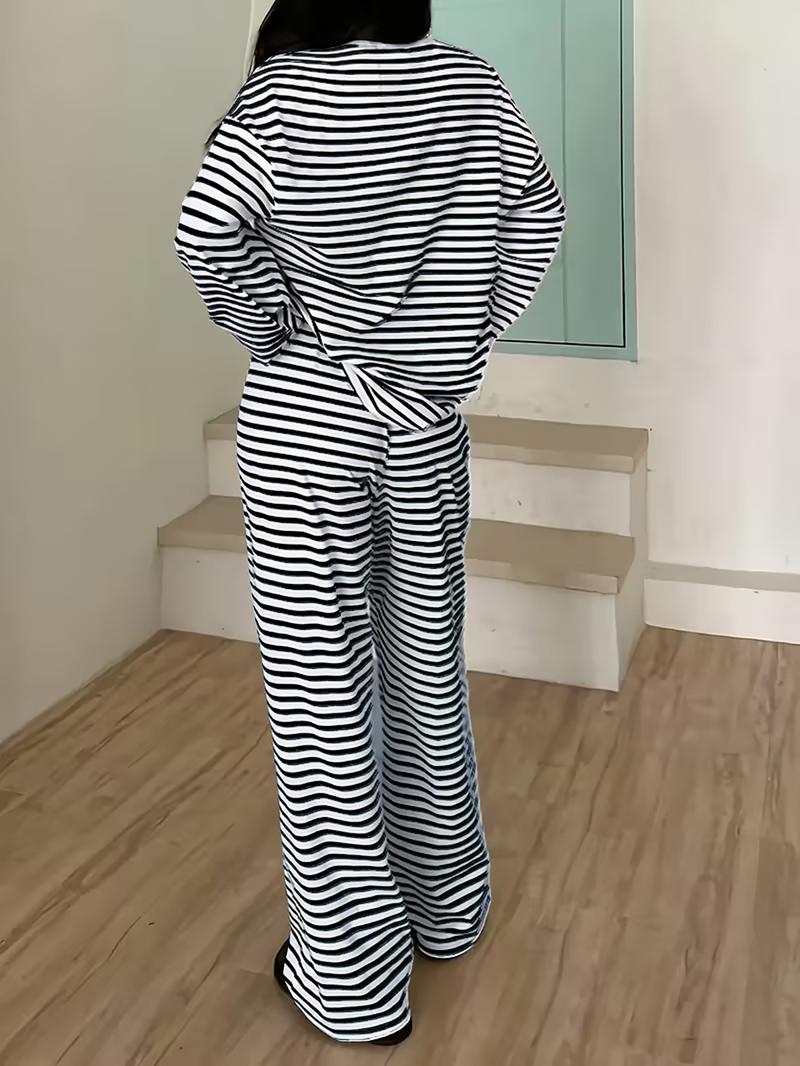 Women's Striped Casual Set, Long Sleeve Loose T-Shirt and Pants, Spring and Fall Home Wear, Leisure and Sports