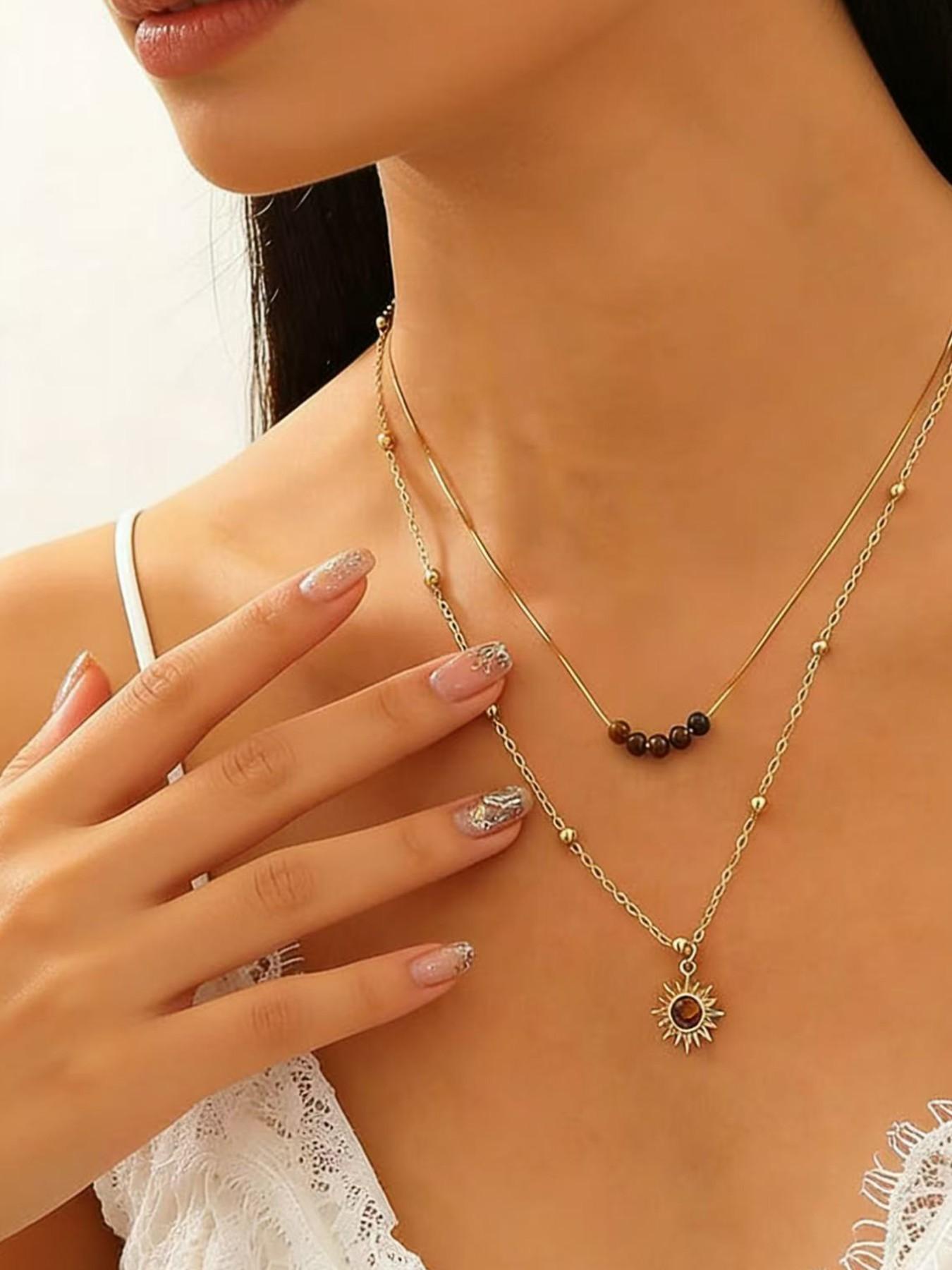 Boho Layered Sun Pendant Necklace, Gemstone Sun Necklace, Bead Choker, Faux Opal Sunburst, Sunshine Chain Necklace for Women