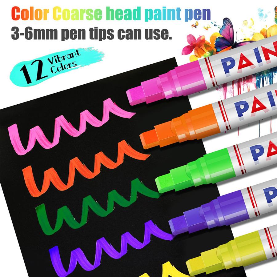 12 Color Vibrant Quick-Drying Permanent Paint Pens, Waterproof Oil-Based Markers Set for Tires Rocks Wood Glass DIY Crafts, All Surfaces Non-Fade