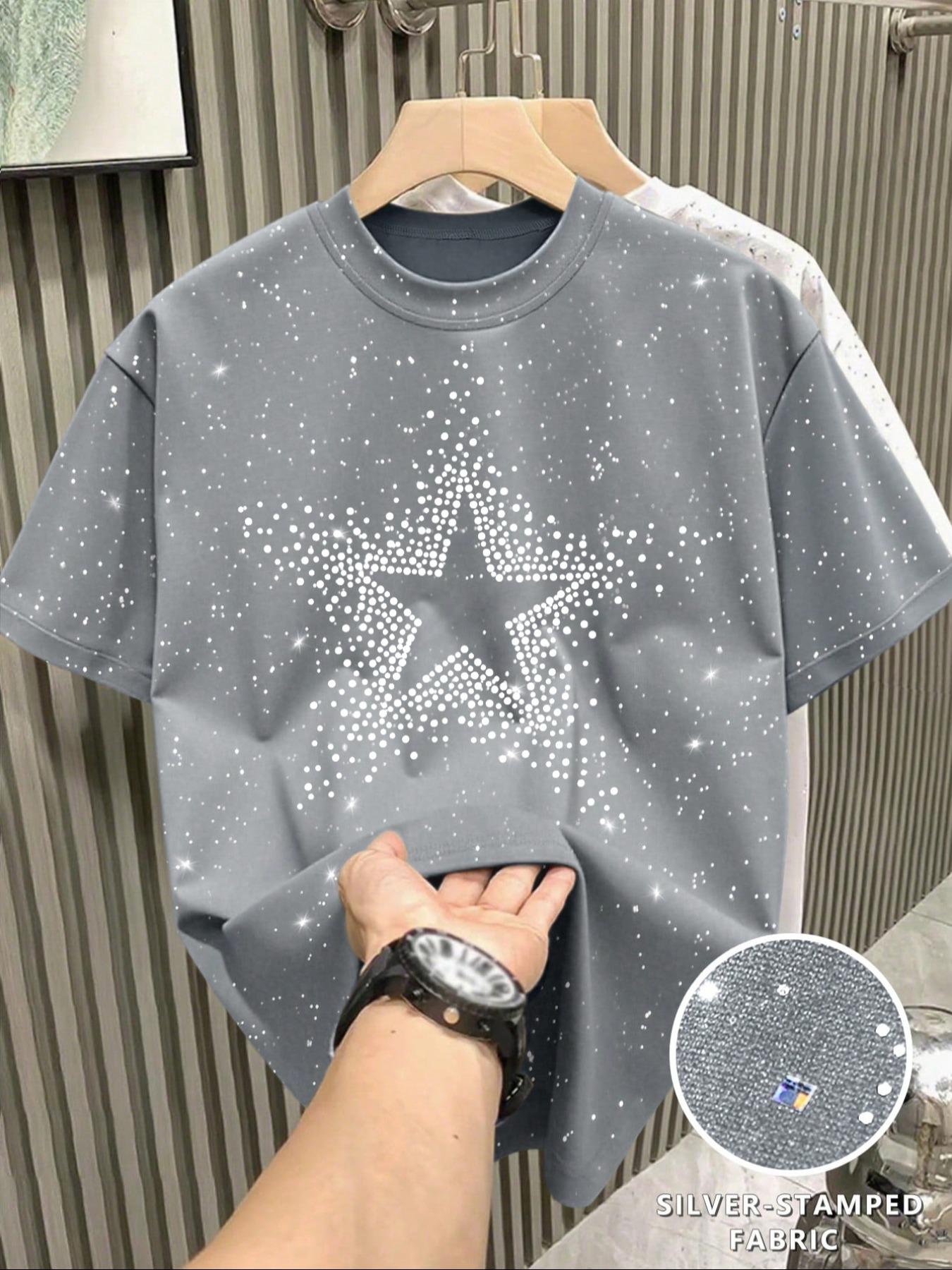 New Men's Casual Short Sleeve T-Shirt, Fashlon Starry Sky Reflective Design, Sparkling Like a Starry Sky, Essential Item for Men's Outdoor Activities,Multiple colors to choose from