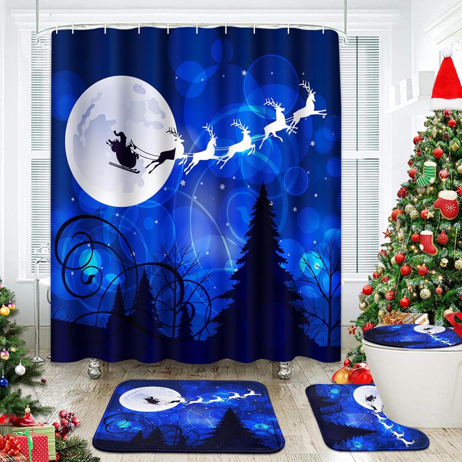 4 Pcs Shower Curtain Set Merry Christmas Happy New Year with Non-Slip Rugs Toilet Lid Cover and Bath Mat Bathroom Decor Set
