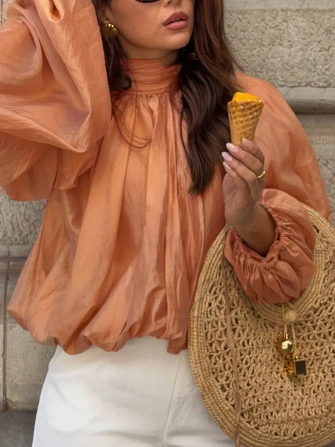 Women's High Neck Drawstring Lantern Sleeve Top, Loose Semi-Transparent Blouse Shirt, Casual Commute, Perfect for Travel and Daily Wear
