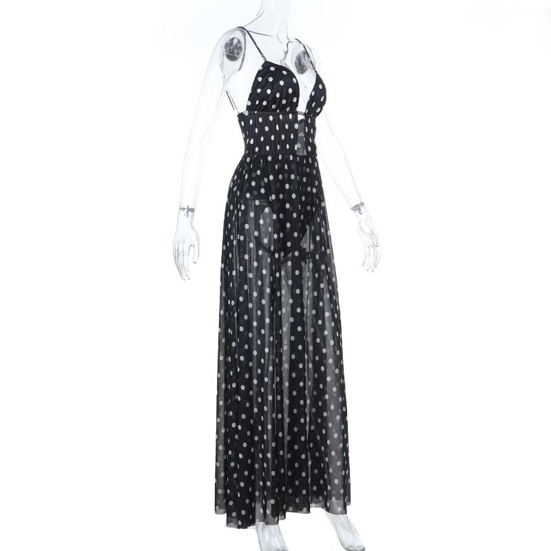XY25192PFO-Spring Break Outfits, Womens Casual Vacation See-through Mesh Polka Dot Sleeveless Deep-V Neck A-line Spaghetti Strap Long Dress, Holiday Beach Sheer Mesh Dress SpringStatements
