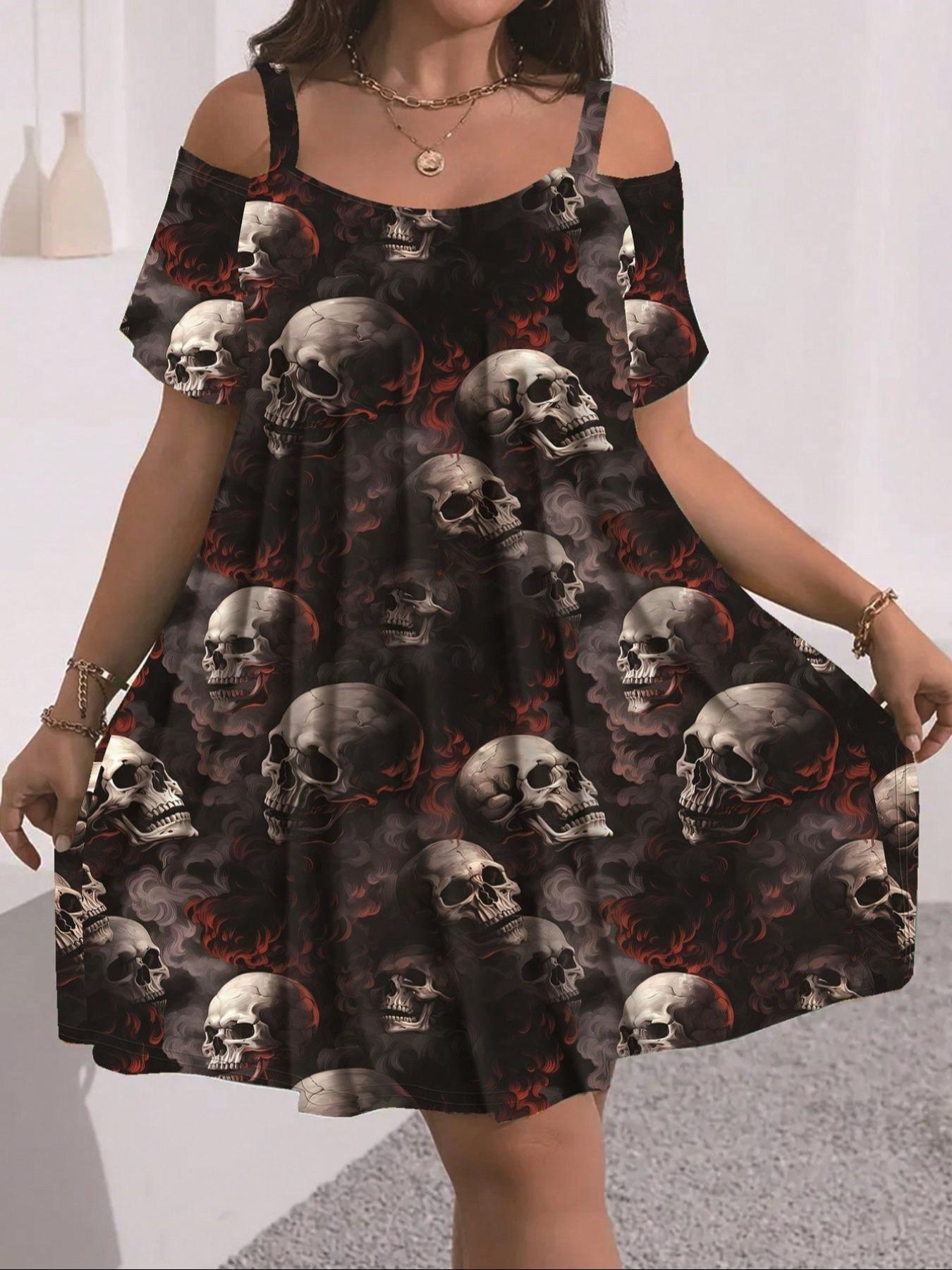 Summer Women's Short Sleeve Hollow Out Spaghetti Strap Fashion Elegant Fitted Halloween Skull Print Dress, Lady, Casual Cut Out, Comfortable Fit, Stylish and Trendy, Perfect for Casual Wear, Womenswear