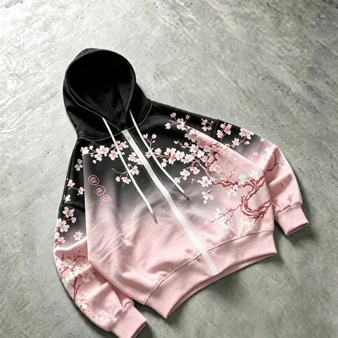 Unisex Y2K Japanese Sakura Cherry Blossom Print Zip-Up Hoodie - Pink & Black Gradient Oversized Sweatshirt for Casual Daily & Fall Fashion