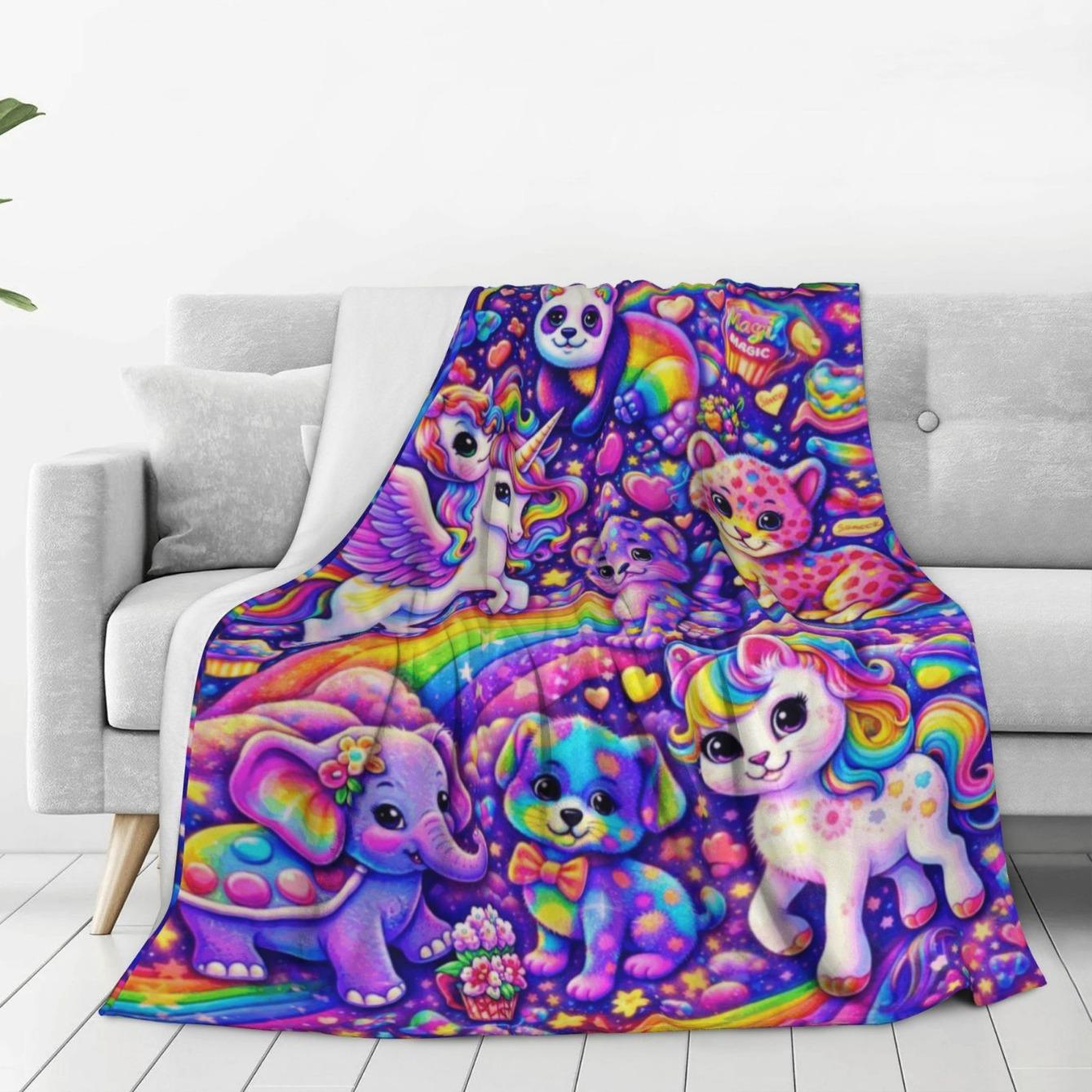 Polyester Full-Print Magic Animals Flannel Throw Blanket - Cute Rainbow Unicorn, Elephant, Puppy, Leopard Designs, Soft Lightweight Warm, Multi-Use for Sofa/Bed, Indoors/Outdoors, Gift for Kawaii Aesthetic Lovers