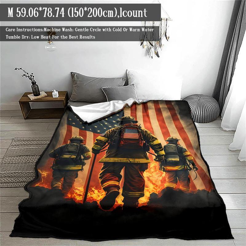 Firefighter & American Flag Pattern Blanket, 1 Count Soft Air-conditioned Room Throw, Warm Nap Blanket for Home Office Travel Camping, Figure Print Blanket