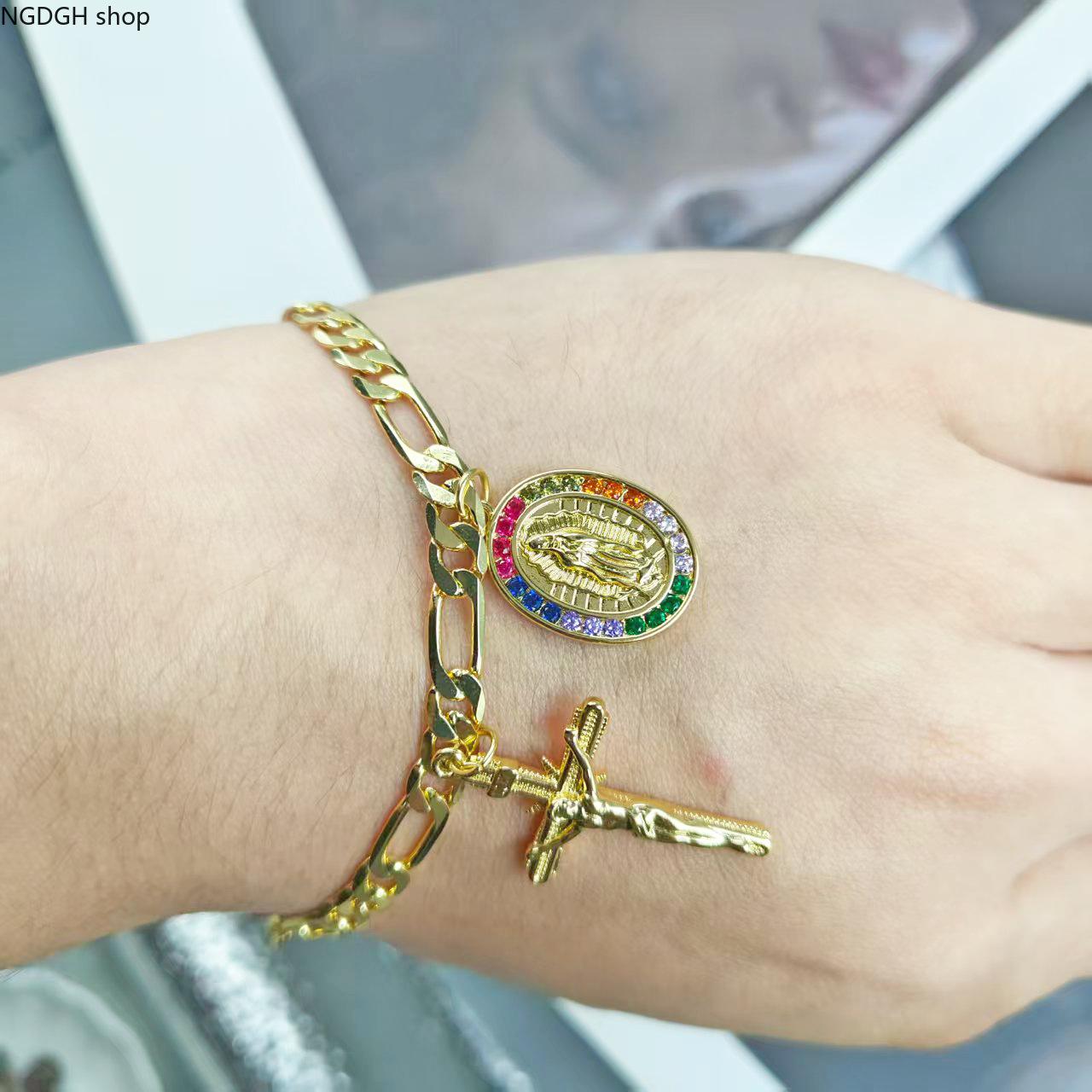 Virgin Mary Chain Bracelet in Gold-Tone, Waterproof Religious Jewelry for Men & Women, Spiritual Protection for Sports or Daily Wear, Religion, Gold Bracelets, Casual, Everyday Wear, Unisex