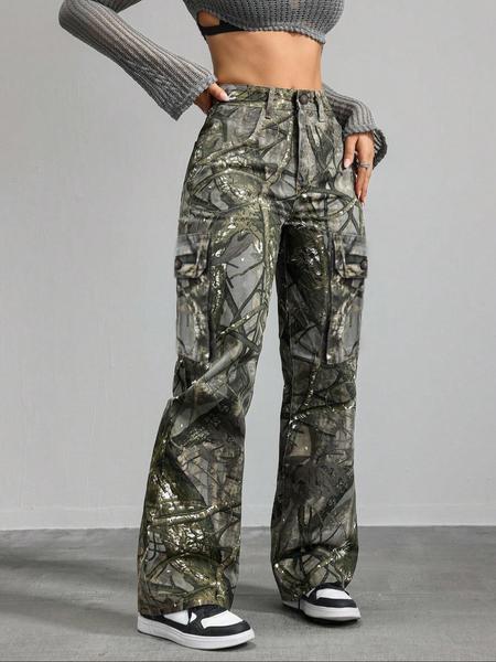 Women's High Waist Loose Fit Camo Cargo Pants, Casual Straight Leg Denim Jeans, Y2K Fashion Winter Sports Pants with Pockets, High Waisted Design