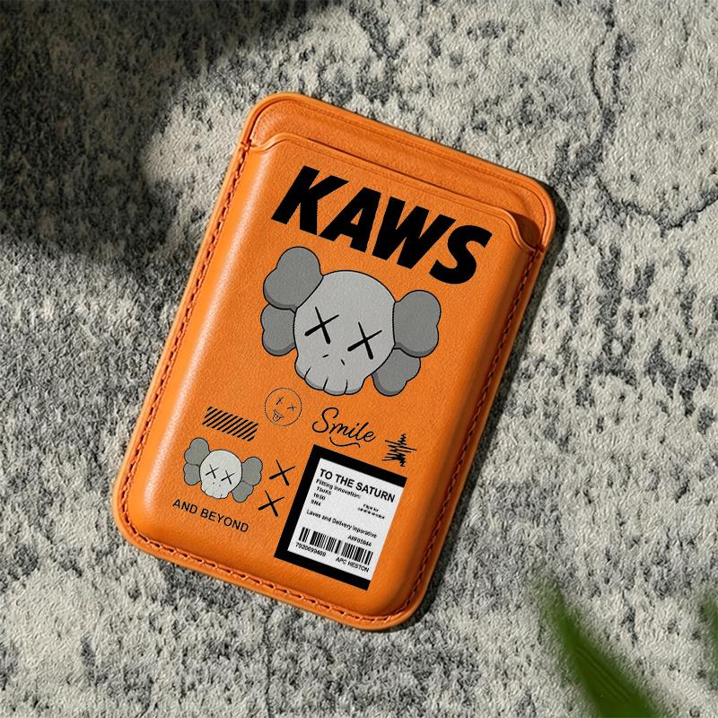 Trendy KAWS Collage Magnetic Smartphone Card Holder - Strong Polyurethane Leather Handheld Cover for iPhone 17/16/15/14/13/12, Samsung/Google/Motorola, Holds 2 Cards, Includes Free Metal Ring Adapter for Cellphone Protection, Mobile