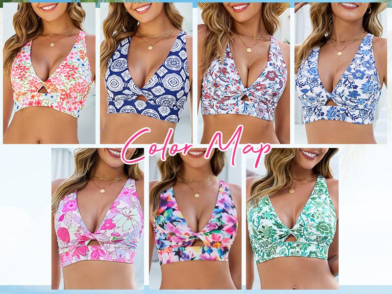 GRAPENT Bikini Top for Women Twisted Keyhole Padded Criss Cross Back Floral Print Beach Bathing Suits Swim Tops Only