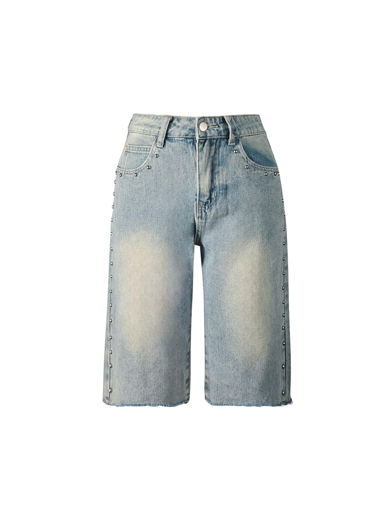 Vintage Washed Studded Wide-Leg Denim Jorts, Raw Hem High-Waisted Bermuda Shorts, Perfect for Brunch Dates & City Chic