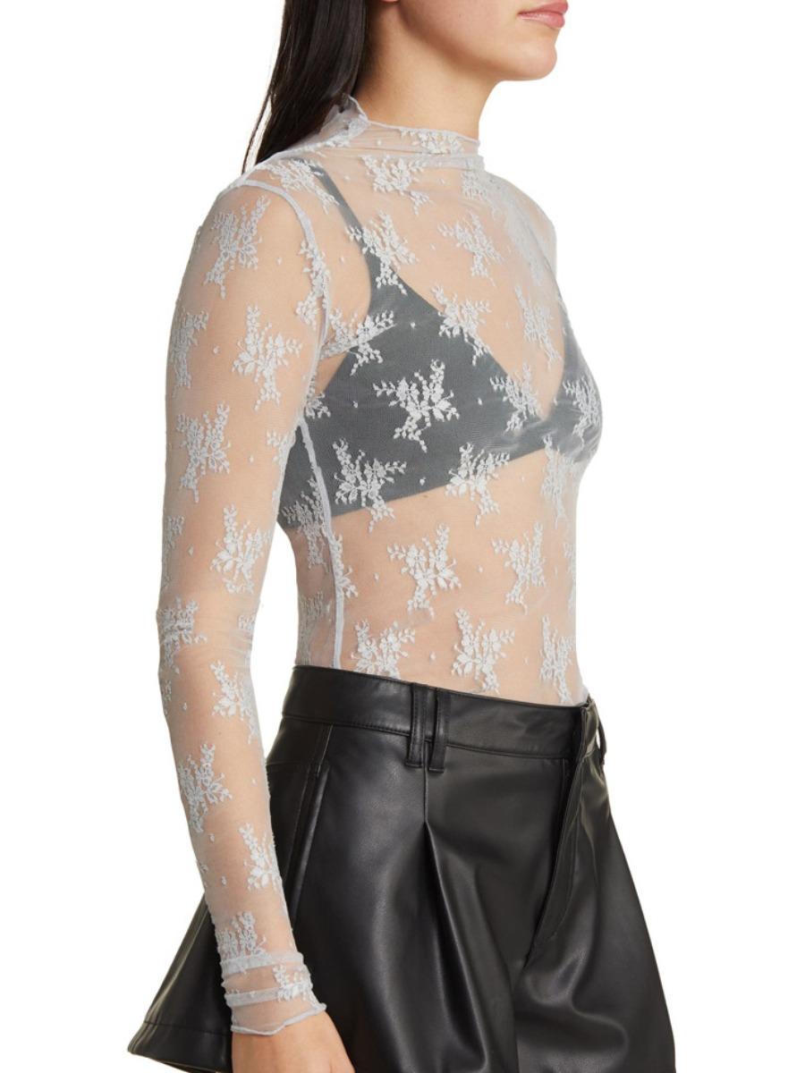 Women's Floral Layering Lace Tops With Thumb Hole, Mesh See Through Slim Shirt All Seasons, Micro Elasticity Long Sleeve Mock Neck Sxy Style