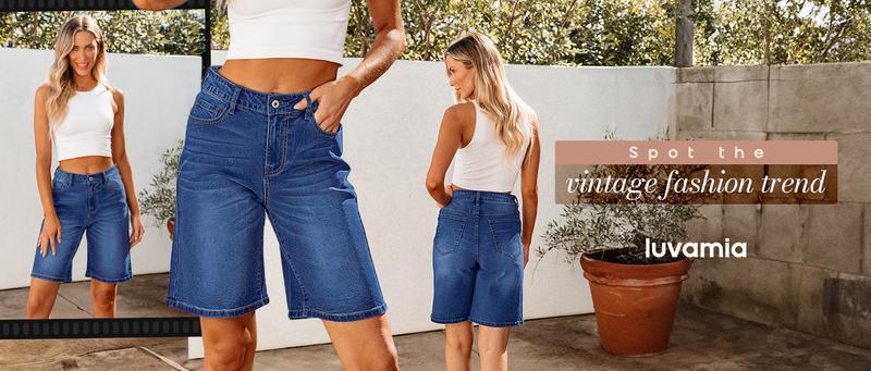 Luvamia Bermuda Jean Shorts for Women High Waisted Stretchy Denim Knee Length Cutoff Loose Fit Long Shorts Womenswear Streetwear Basic 5 Pockets Bottom
