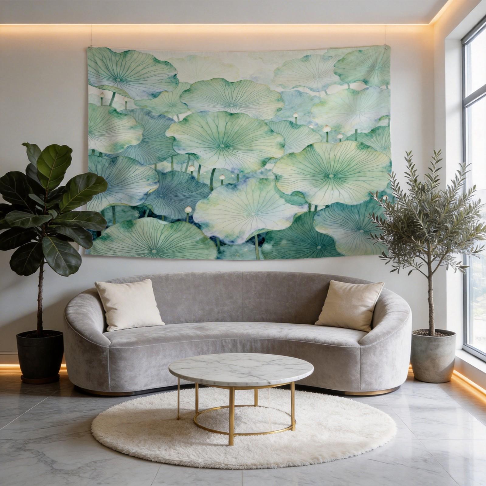 1 Piece Watercolor Lotus Leaf Tapestry, Green Lotus HD Digital Print Wall Hanging, Boho Aesthetic Decor Tapestry for Bedroom Living Room Dorm