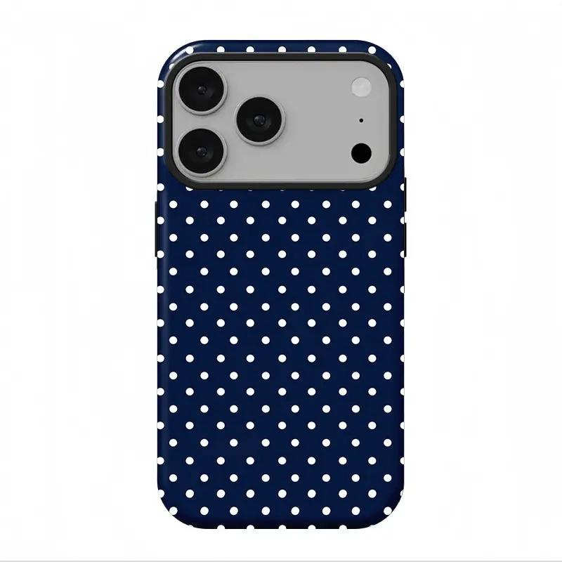 Blue Dot iPhone Case Compatible with iPhone 17 ProMax 16Pro 15 14 13 12 11 Samsung 26 25 Ultra Plus 24 23 22 21 Double Layer Protective Casing Navy Blue Polka Dot iPhone Case Classic Preppy Protective Cover