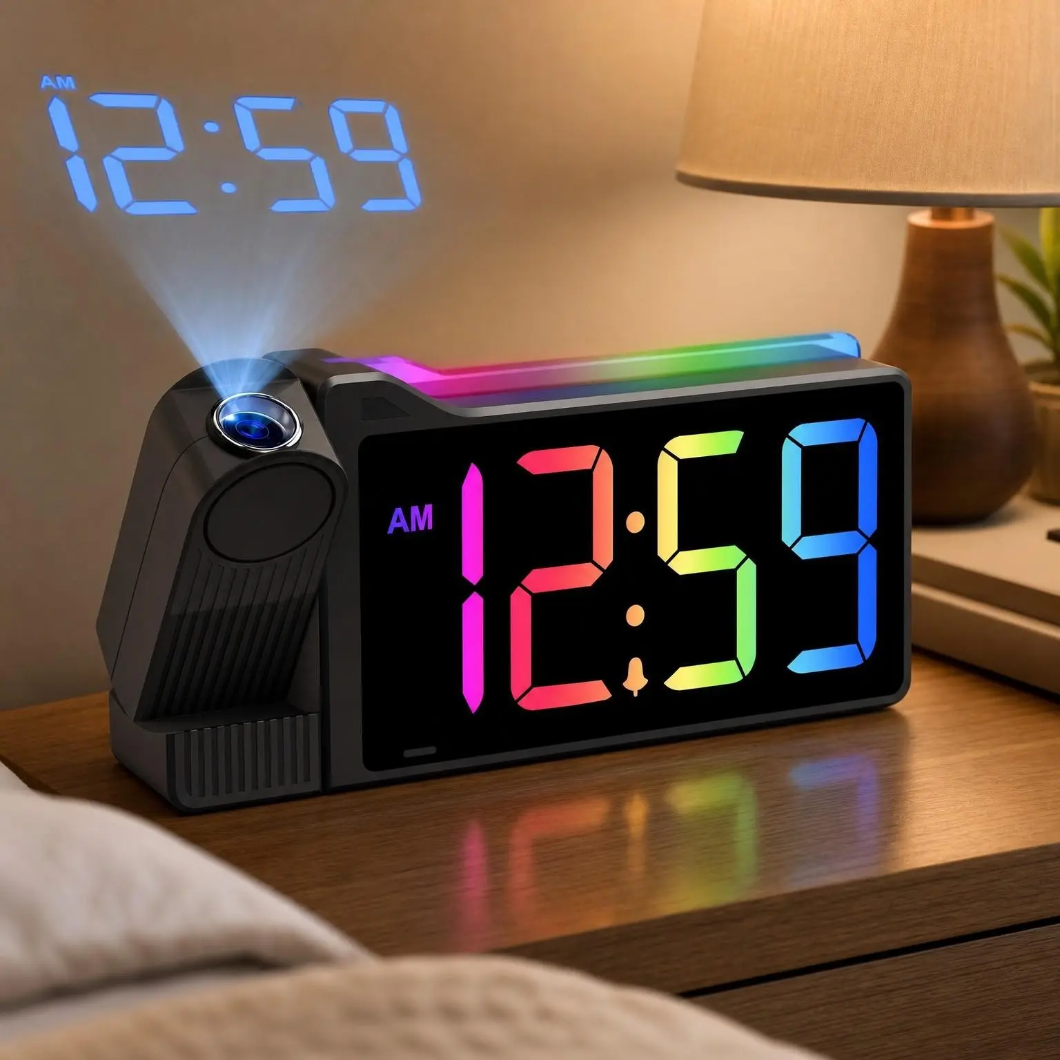 Ceiling Projection Alarm Clock with Colorful Nightlight for Bedroom, 180° Rotatable Projector, 5-Level Brightness Multi-Color Display, Plug-in LED Digital Clock with USB Charger for BedsideGift