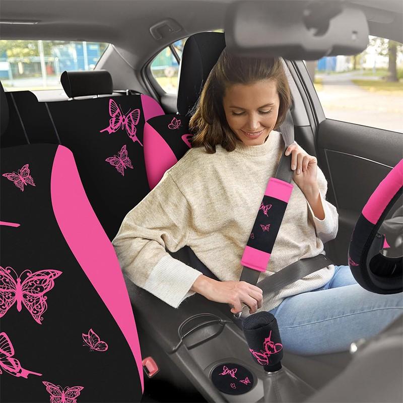 4 Butterfly-Themed Car Seat Cover & Interior Accessory Combo: Lightweight and Breathable Seat Covers for 5-Seater Vehicles, Butterfly-Print Steering Wheel Cover, and Additional Decorative Accents; Compatible with Most Sedan and SUV Models 4 Butterfly-Themed Car Seat Cover & Interior Accessory Combo: Lightweight and Breathable Seat Covers for 5-Seater Vehicles, Butterfly-Print Steering Wheel Cover, and Additional Decorative Accents; Compatible with Most Sedan and SUV Models
