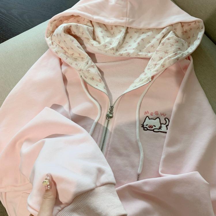 Japanese Pink Kawaii Cute Cartoon Embroidery Hoodie Women Y2k Aesthetic Patchwork Pocket Hoody Casual Grunge Zipper Sweatshirts