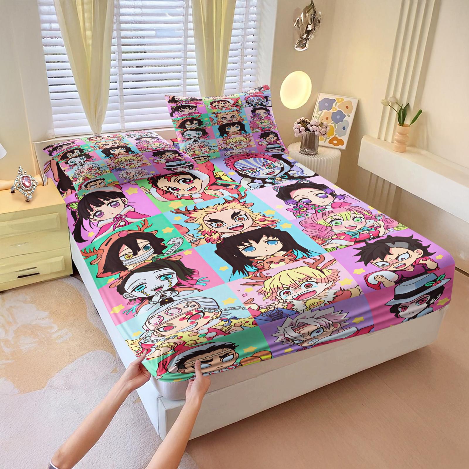 3-Piece Demon Slayer Bedding Set, Comfortable Printed Design, Includes 1 Fitted Sheet & 2 Pillowcases, Non-Slip, Perfect Gift, Bed Sheets