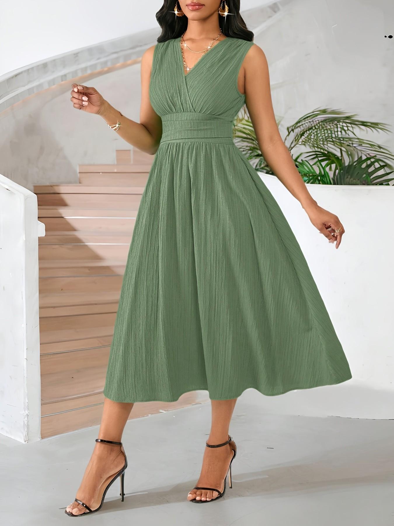 Women's Comfortable Minimalist Sleeveless Textured Ruched Dress for Office Wear & Summer Events