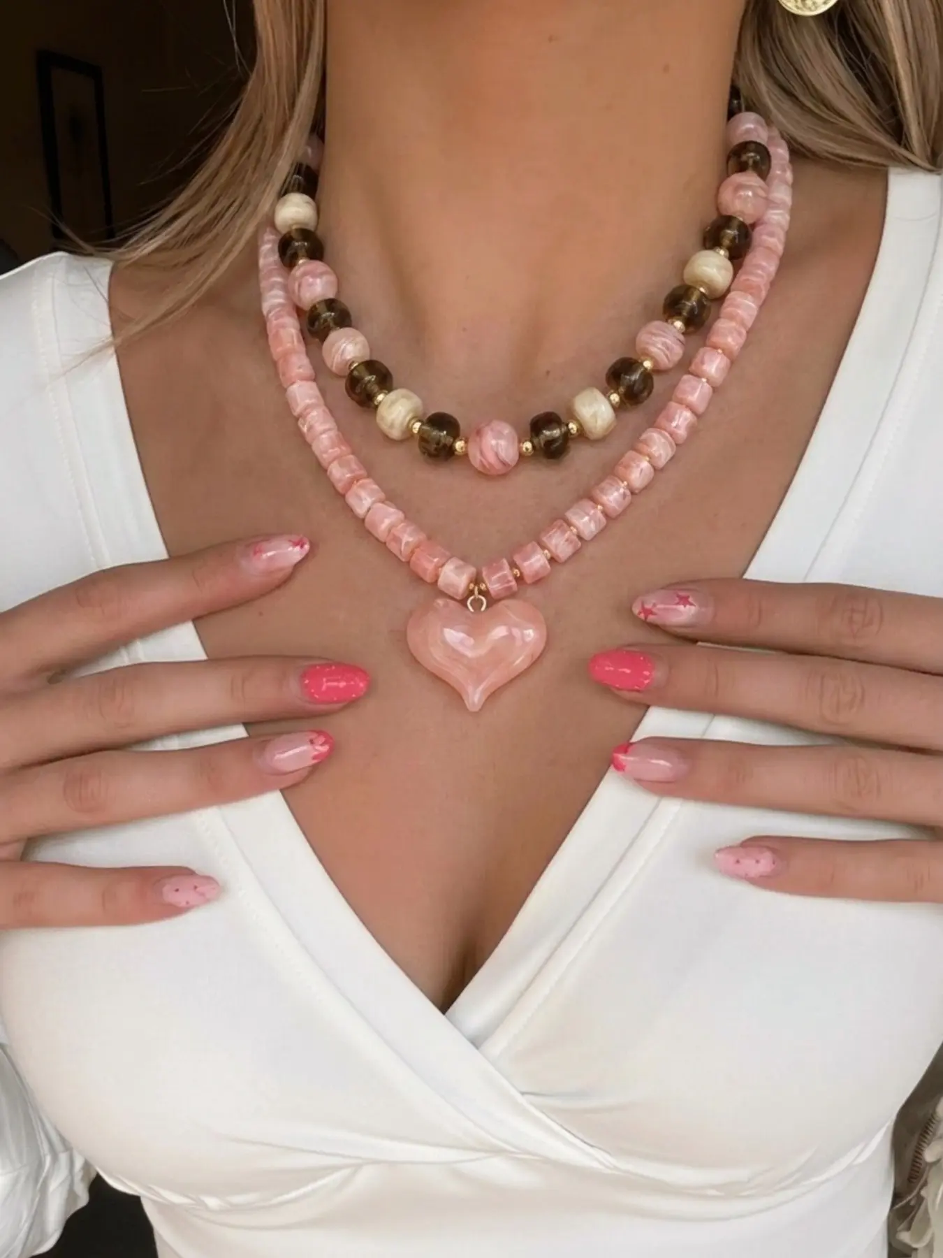 Layered Beaded Heart Pendant Choker Necklace, Y2K Coquette Pink Style, for Gen Z Women, Perfect for Daily OOTD / Beach / Festival / Date Night, Stacked Necklace Set, 2pc Acrylic