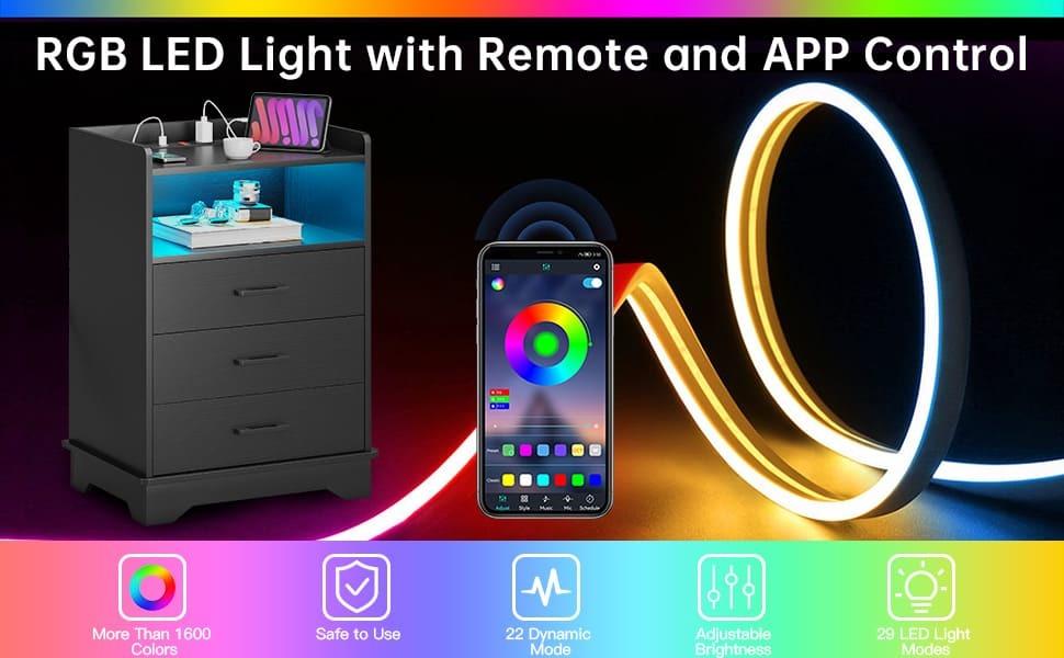 Sikaic LED Nightstand With Charging Station 3 Drawers And Open Storage Black Unique Bedroom Furniture Apothecary Cabinet