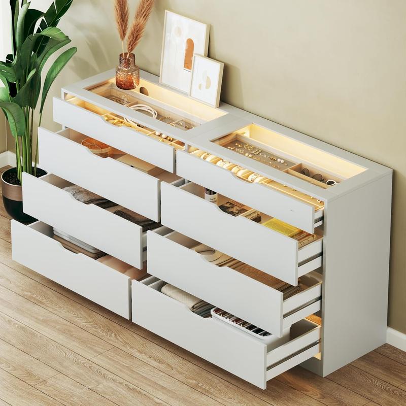 8 Drawer Dresser for Bedroom, White Dresser for Bedroom with LED, 55.1''W Chest of Drawers with Glass Top, Modern Double Wide Drawer Large Dresser for Bedroom, Living Room, Entryway