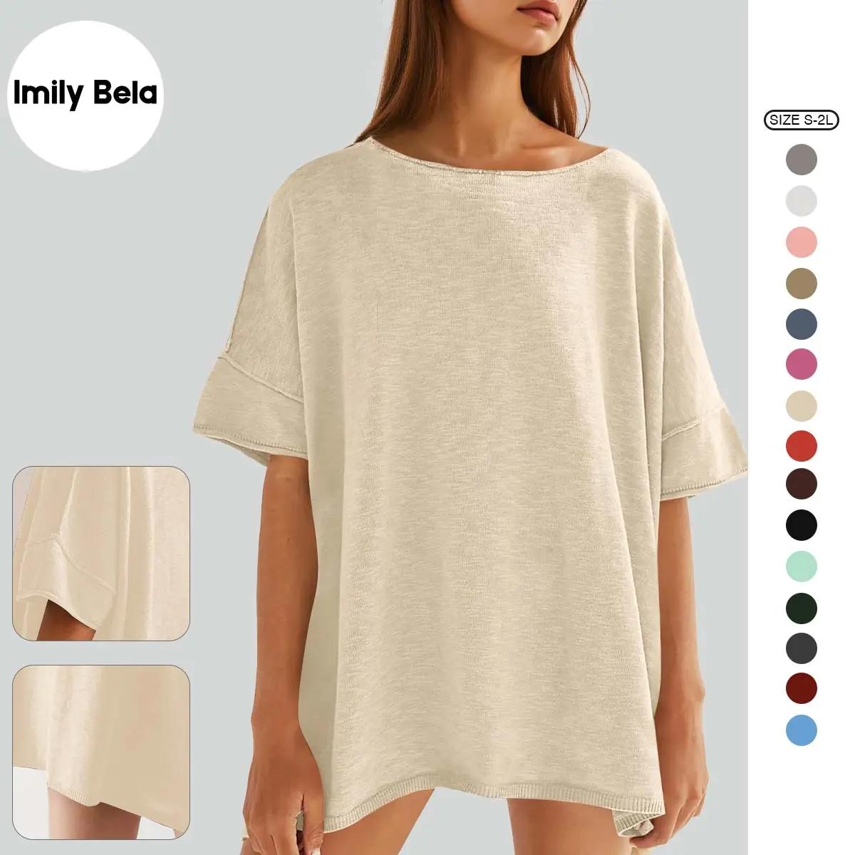 Imily Bela Women's Oversized T Shirts Casual Summer Crew Neck Loose Dropped Short Sleeve Side Slit Hem Blouse Tunic Tops