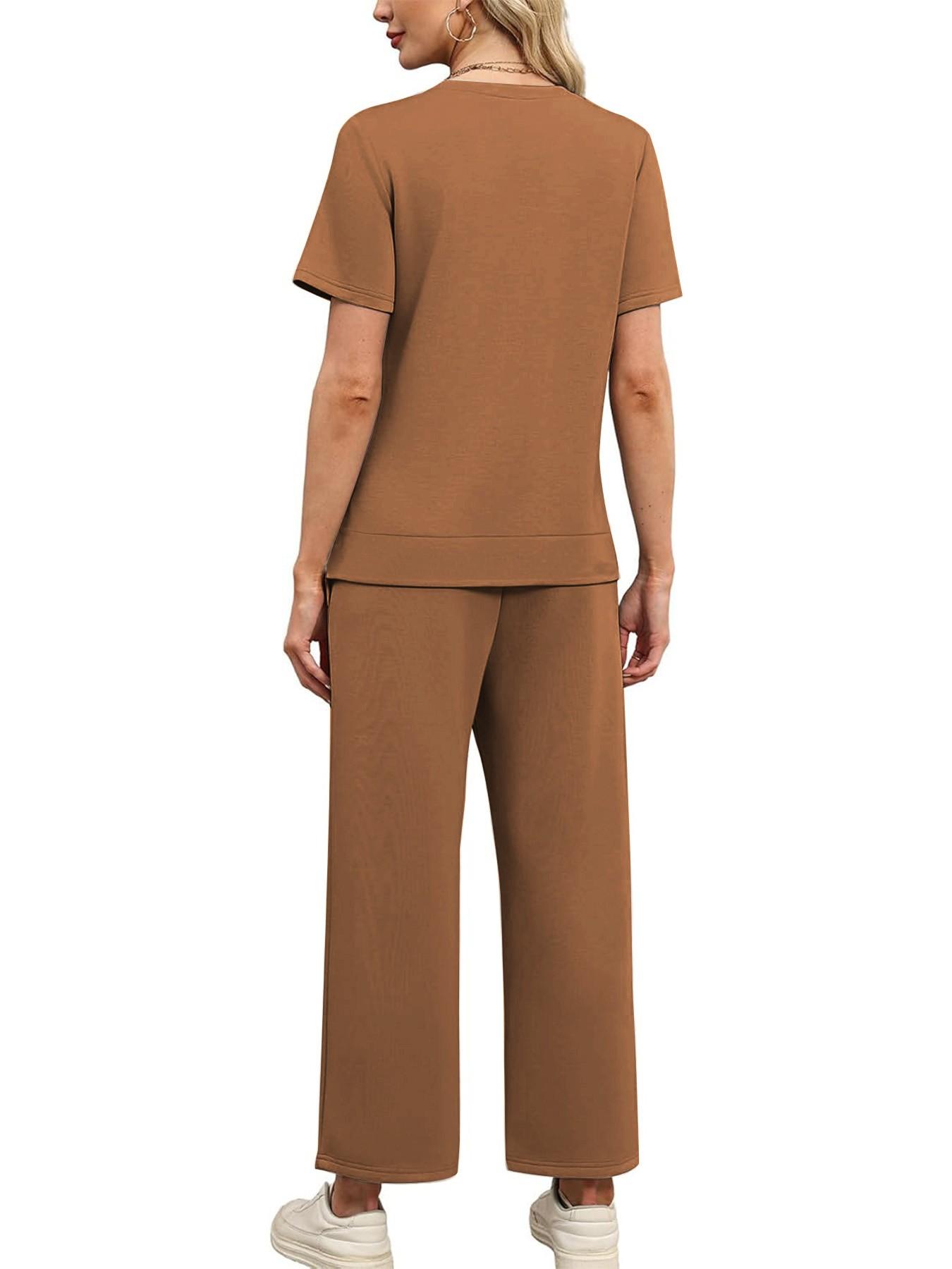 Women's 2-Piece Casual Fit Short Sleeve Pajama Set, Breathable Top + Drawstring Pants with Pockets, Fashionable for Home & Office, Loungewear, Casual Pajamas Set