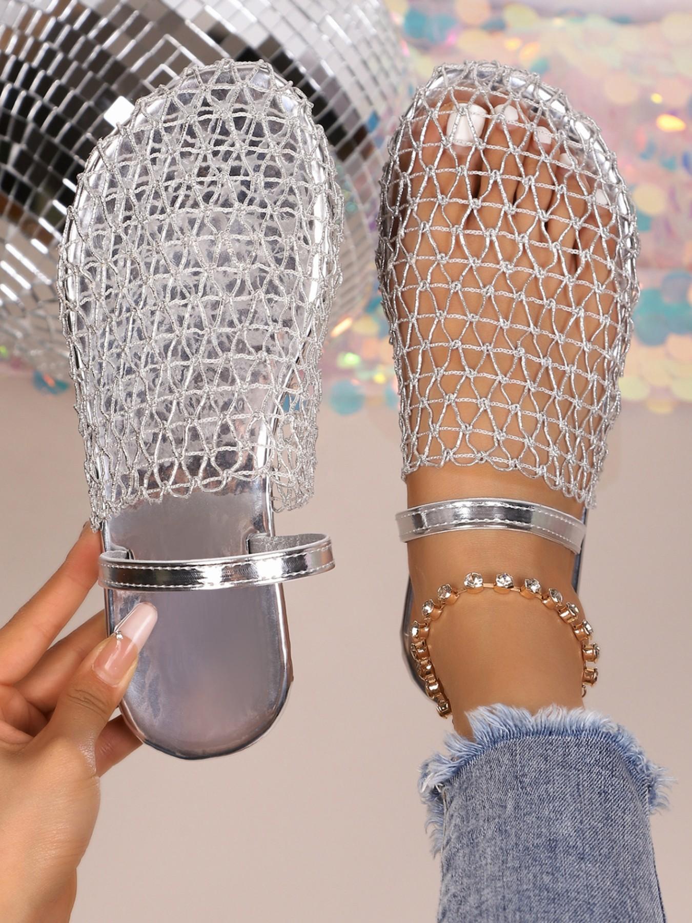 Women's YYW1 Fishnet Weave Hollow-Out Round Toe Flat Slip-On Casual Shoes, Large Sizes, Comfortable Walks for Daily Wear