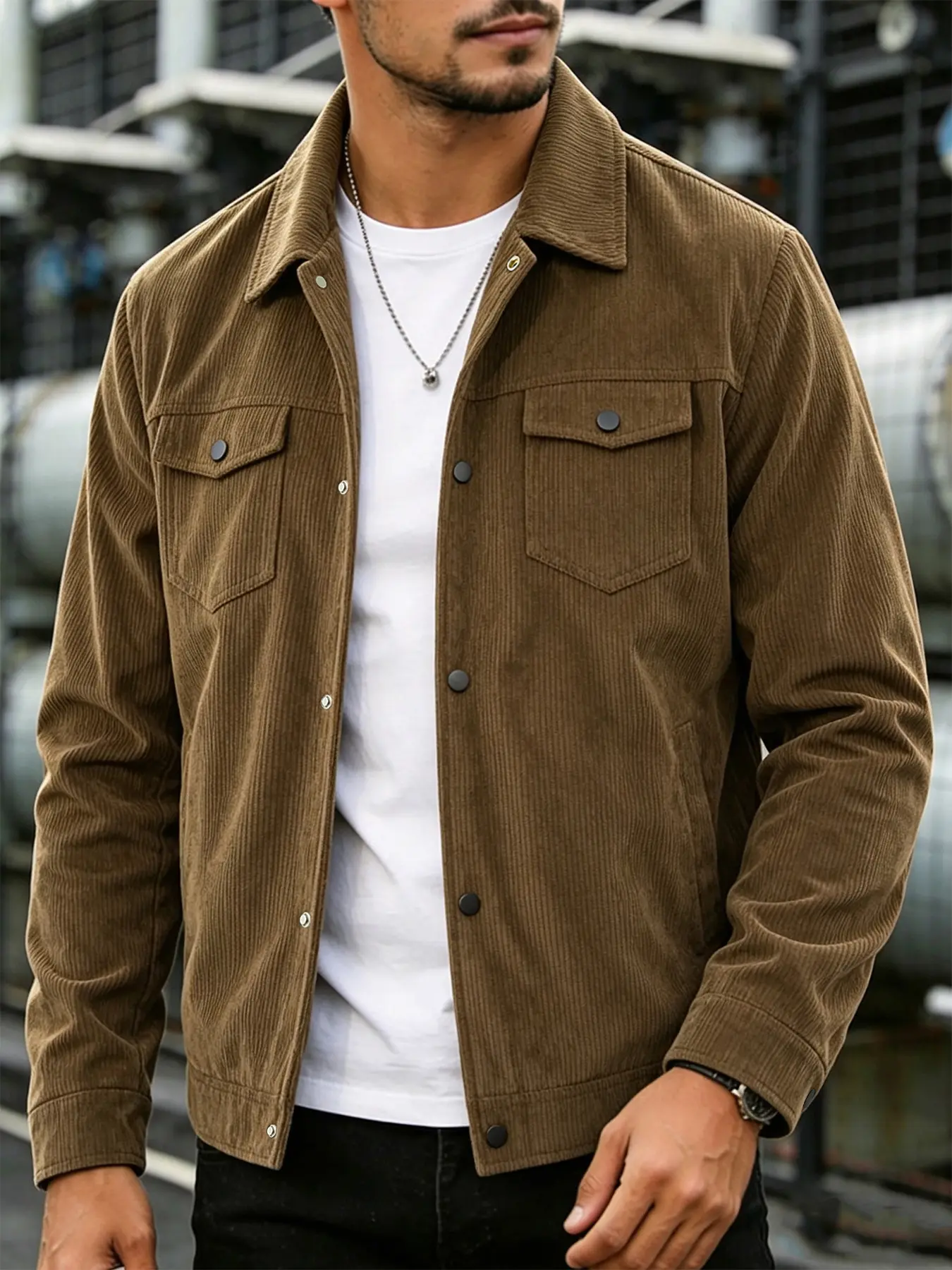 Men's Corduroy Casual Long Sleeve Jacket, Snap Closure, Lapel Collar, Dual Chest Pockets, Spring & Fall Outerwear, Easy Care Fabric