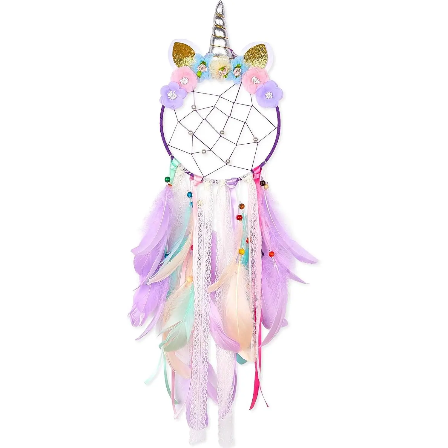 Unicorn Dream Catcher for Toddler Girls Bedroom Wall Decor | Handmade Wall Hanging with Colorful Feathers & Pearls, Cute Room Decoration for KidsGift